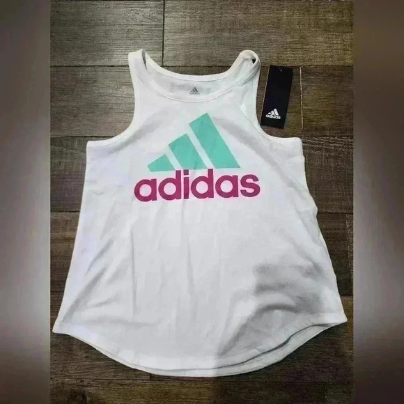 Girls Small (7/8) Adidas Logo Graphic Tank Top Green And Pink, NEW - Picture 3 of 5